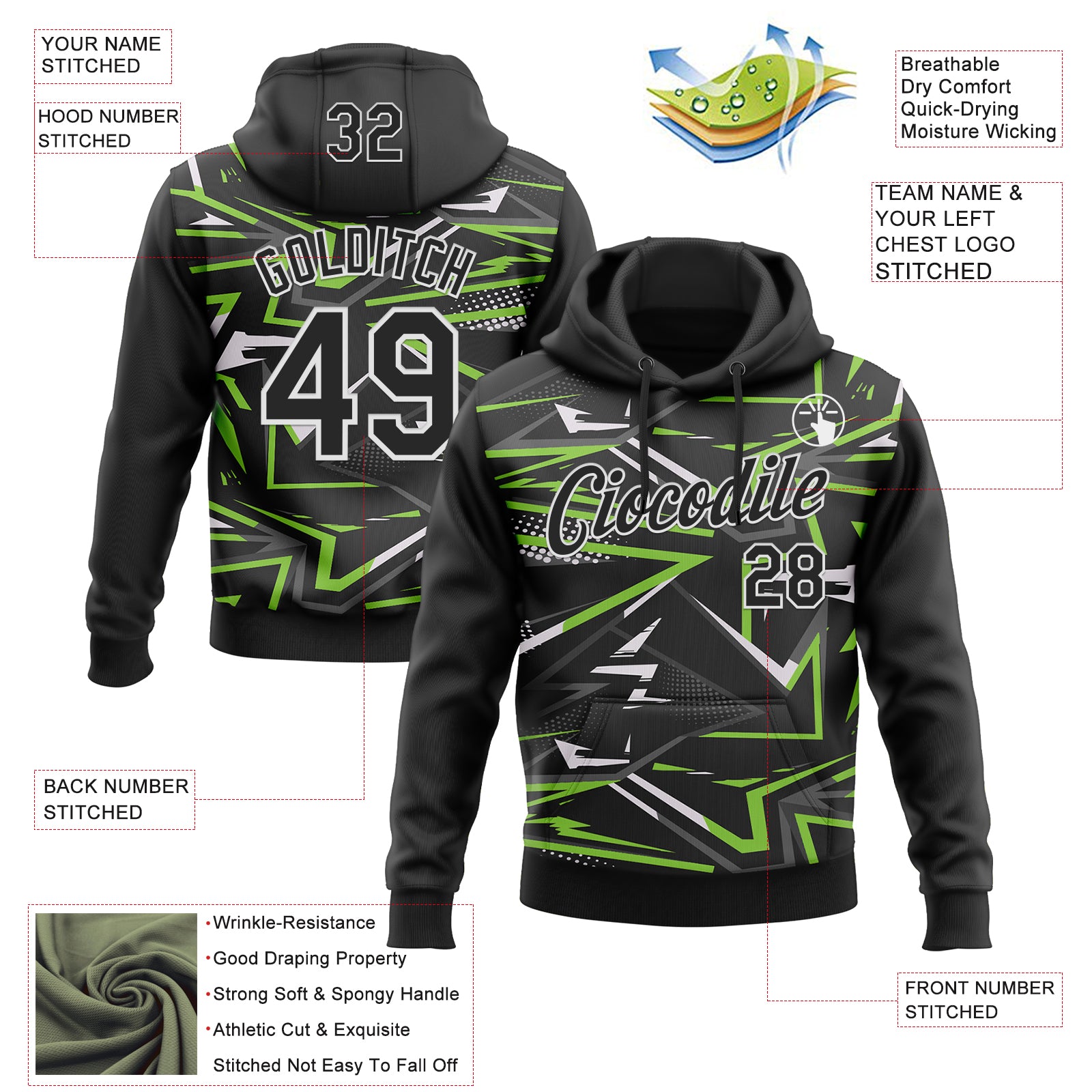 Custom Stitched Black Neon Green-White 3D Pattern Design Line Sports Pullover Sweatshirt Hoodie