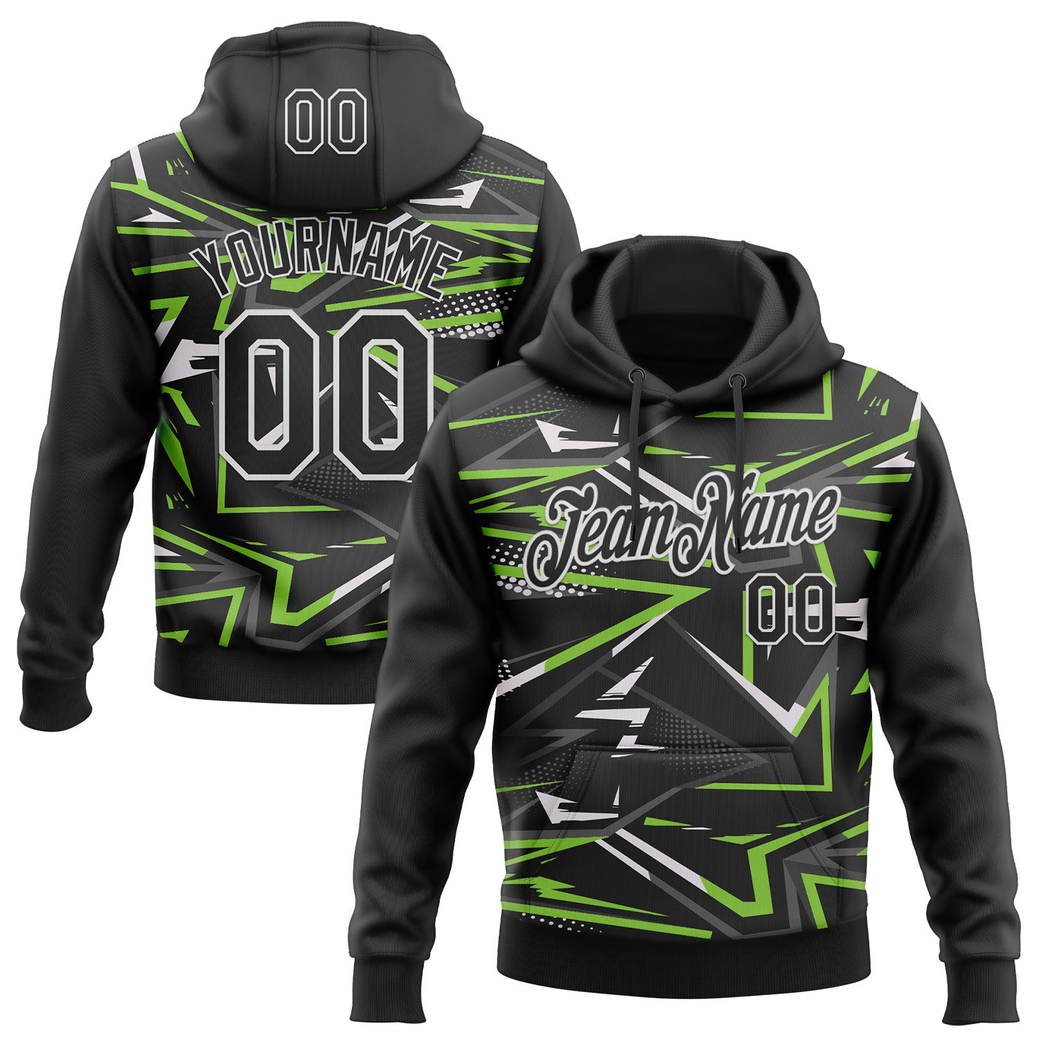 Custom Stitched Black Neon Green-White 3D Pattern Design Line Sports Pullover Sweatshirt Hoodie