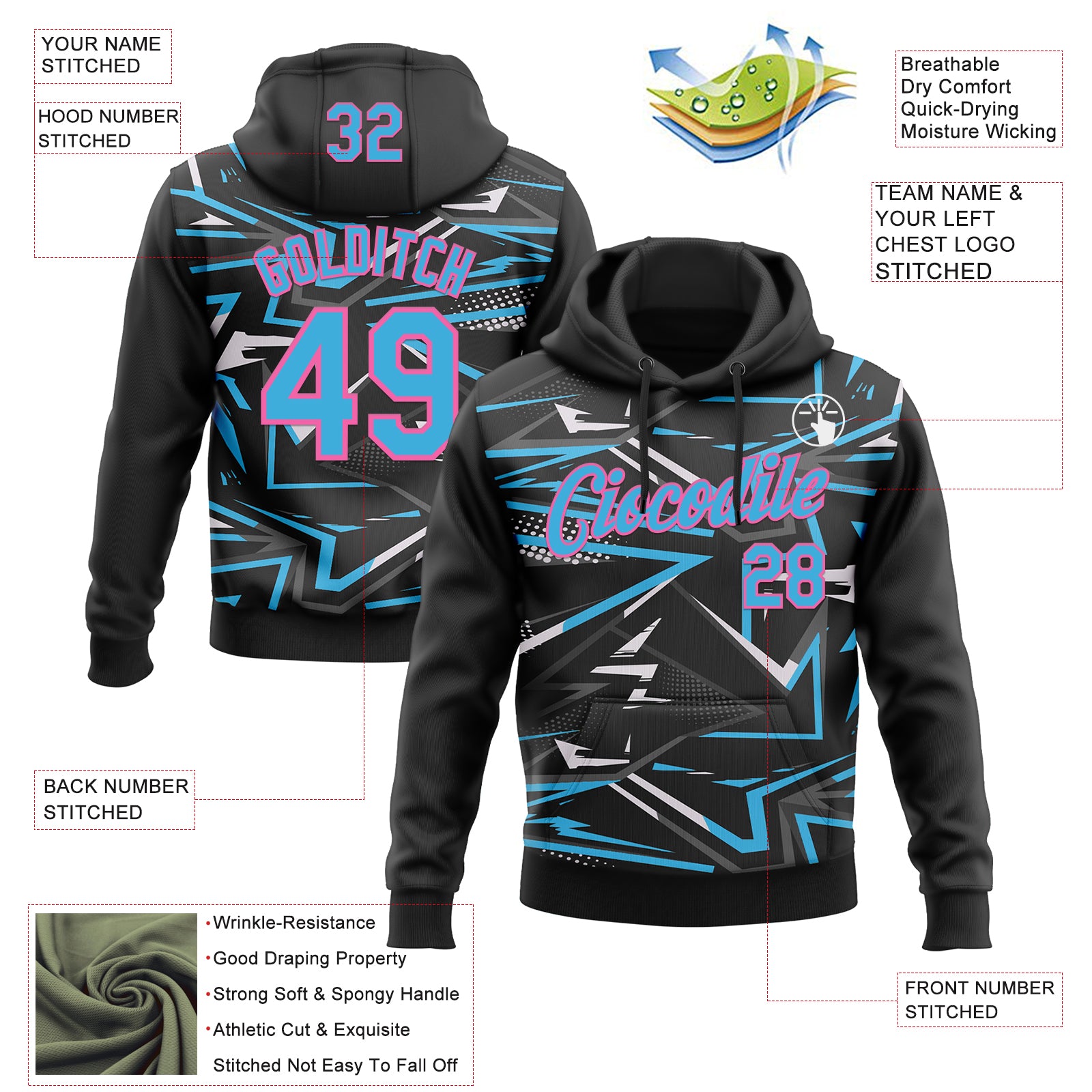 Custom Stitched Black Sky Blue Pink-White 3D Pattern Design Line Sports Pullover Sweatshirt Hoodie