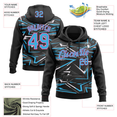 Custom Stitched Black Sky Blue Pink-White 3D Pattern Design Line Sports Pullover Sweatshirt Hoodie
