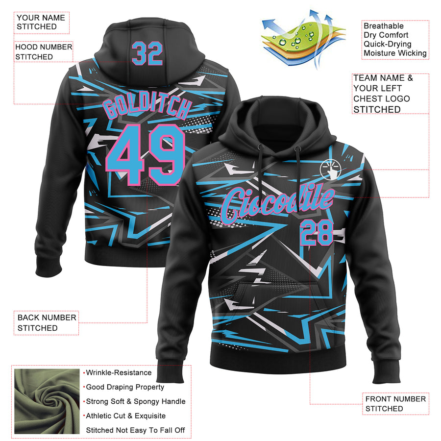 Custom Stitched Black Sky Blue Pink-White 3D Pattern Design Line Sports Pullover Sweatshirt Hoodie