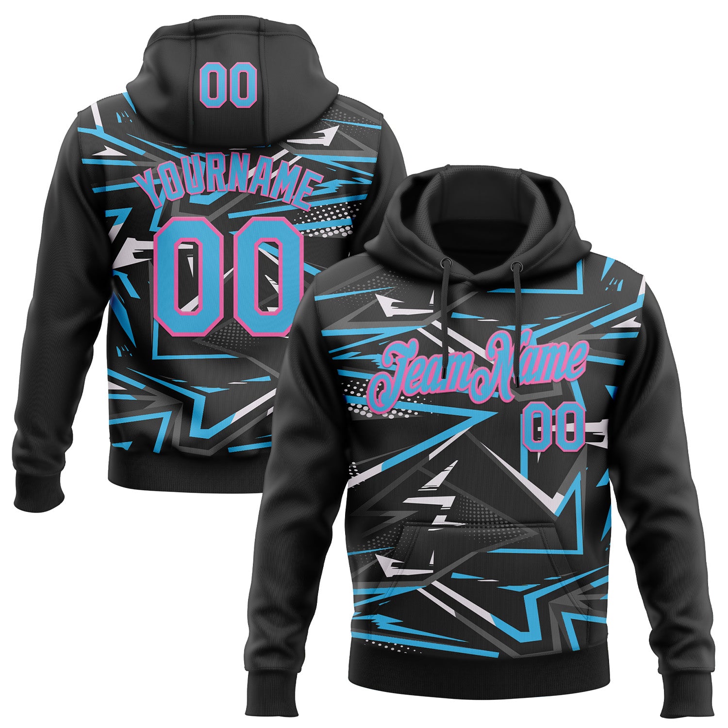 Custom Stitched Black Sky Blue Pink-White 3D Pattern Design Line Sports Pullover Sweatshirt Hoodie