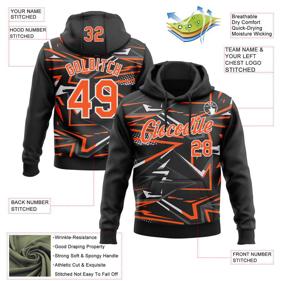 Custom Stitched Black Orange-White 3D Pattern Design Line Sports Pullover Sweatshirt Hoodie
