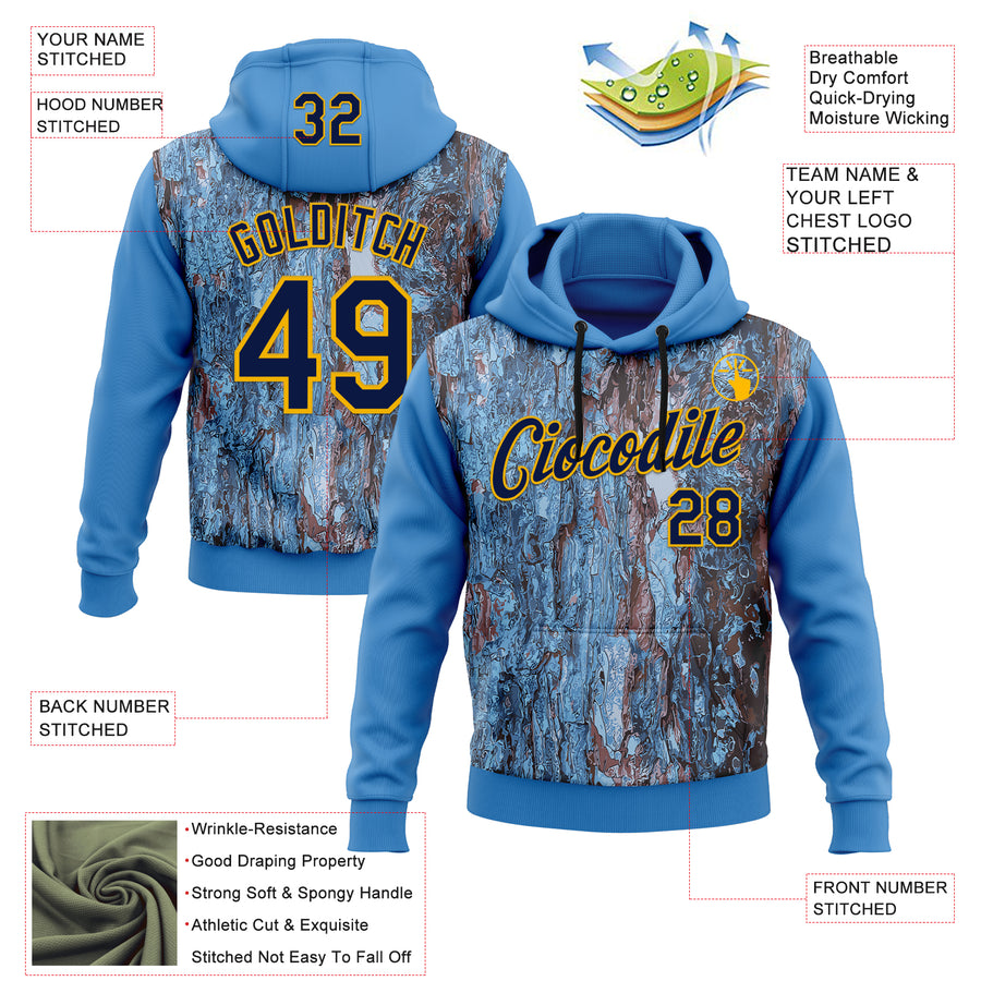 Custom Stitched Blue Navy-Gold 3D Pattern Design Tree Camo Hunting Sports Pullover Sweatshirt Hoodie