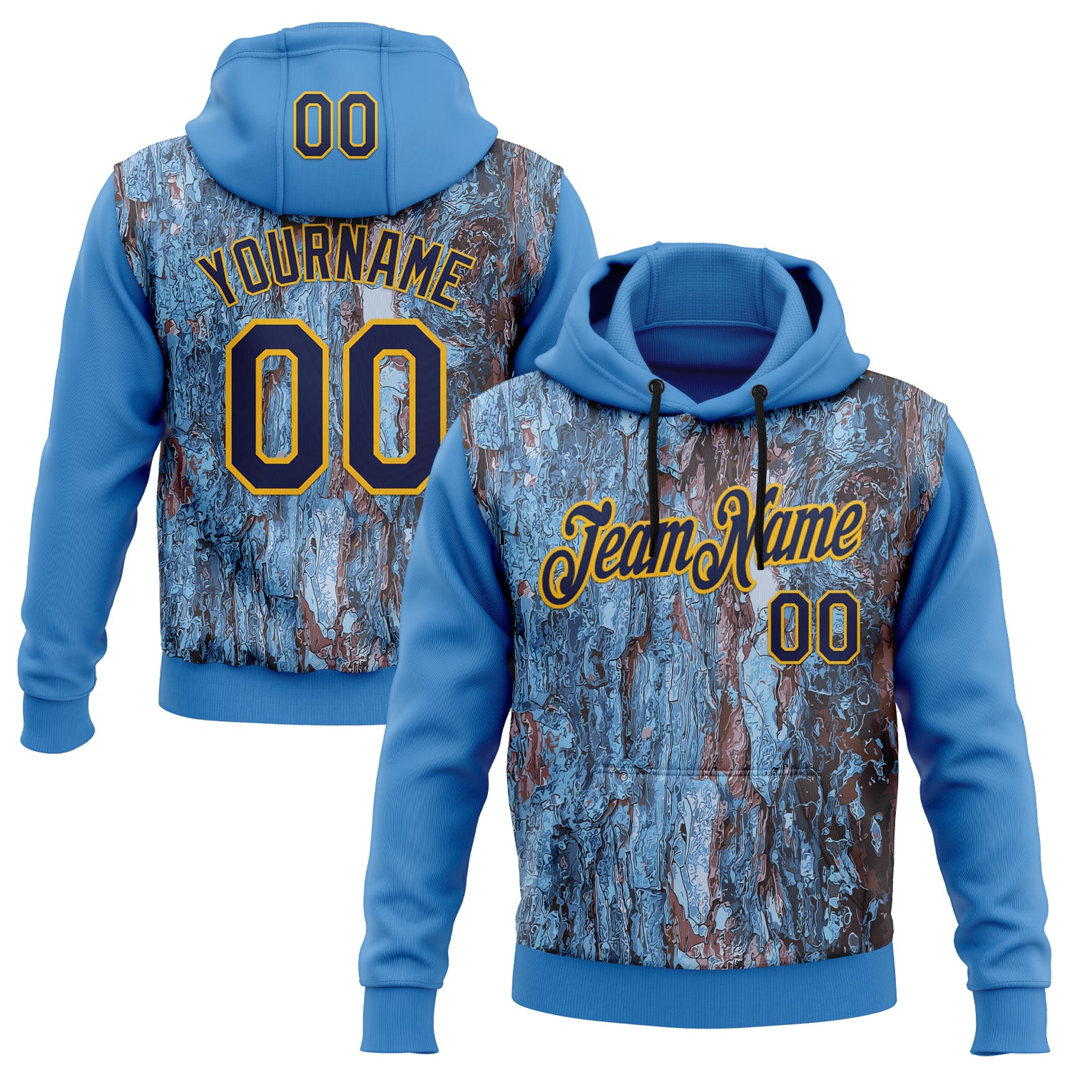 Custom Stitched Blue Navy-Gold 3D Pattern Design Tree Camo Hunting Sports Pullover Sweatshirt Hoodie