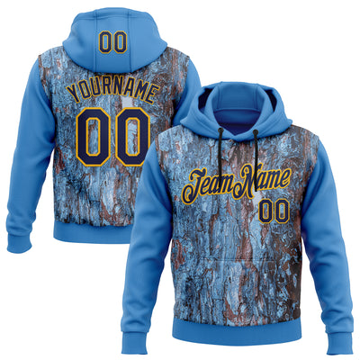 Custom Stitched Blue Navy-Gold 3D Pattern Design Tree Camo Hunting Sports Pullover Sweatshirt Hoodie