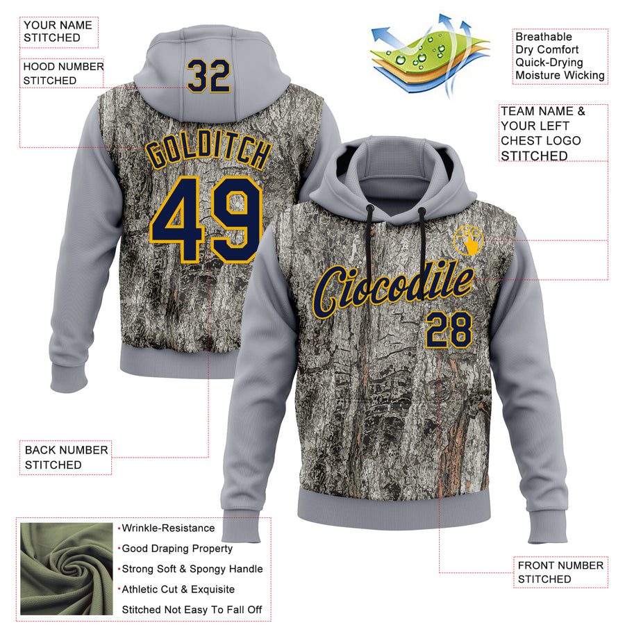 Custom Stitched Gray Navy-Gold 3D Pattern Design Tree Camo Hunting Sports Pullover Sweatshirt Hoodie