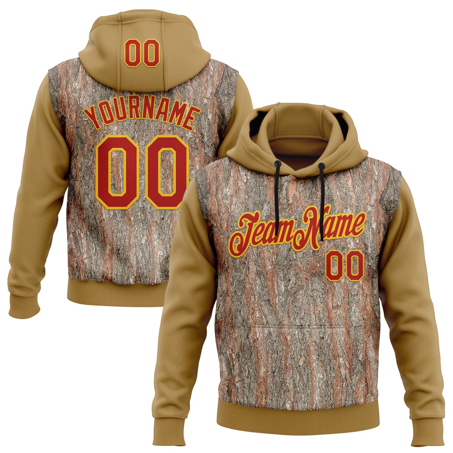 Custom Stitched Old Gold Red-Yellow 3D Pattern Design Tree Camo Hunting Sports Pullover Sweatshirt Hoodie