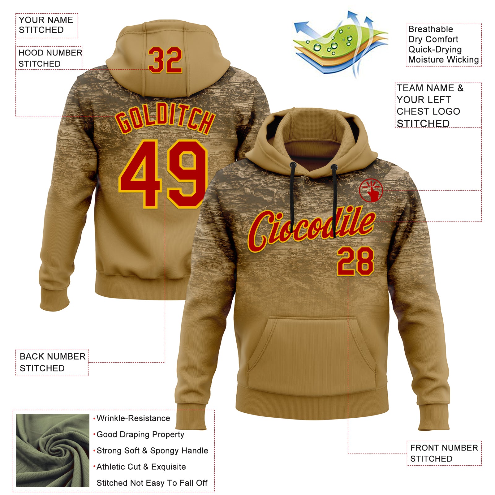 Custom Stitched Old Gold Red-Yellow 3D Pattern Design Tree Camo Gradient Hunting Sports Pullover Sweatshirt Hoodie