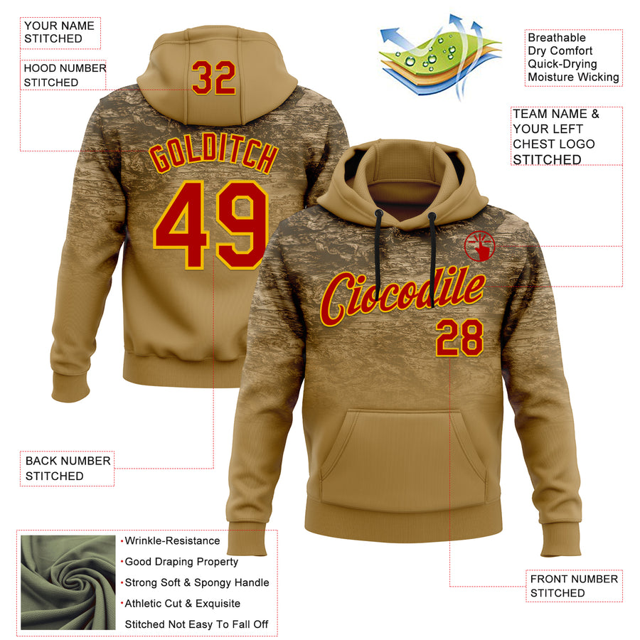 Custom Stitched Old Gold Red-Yellow 3D Pattern Design Tree Camo Gradient Hunting Sports Pullover Sweatshirt Hoodie