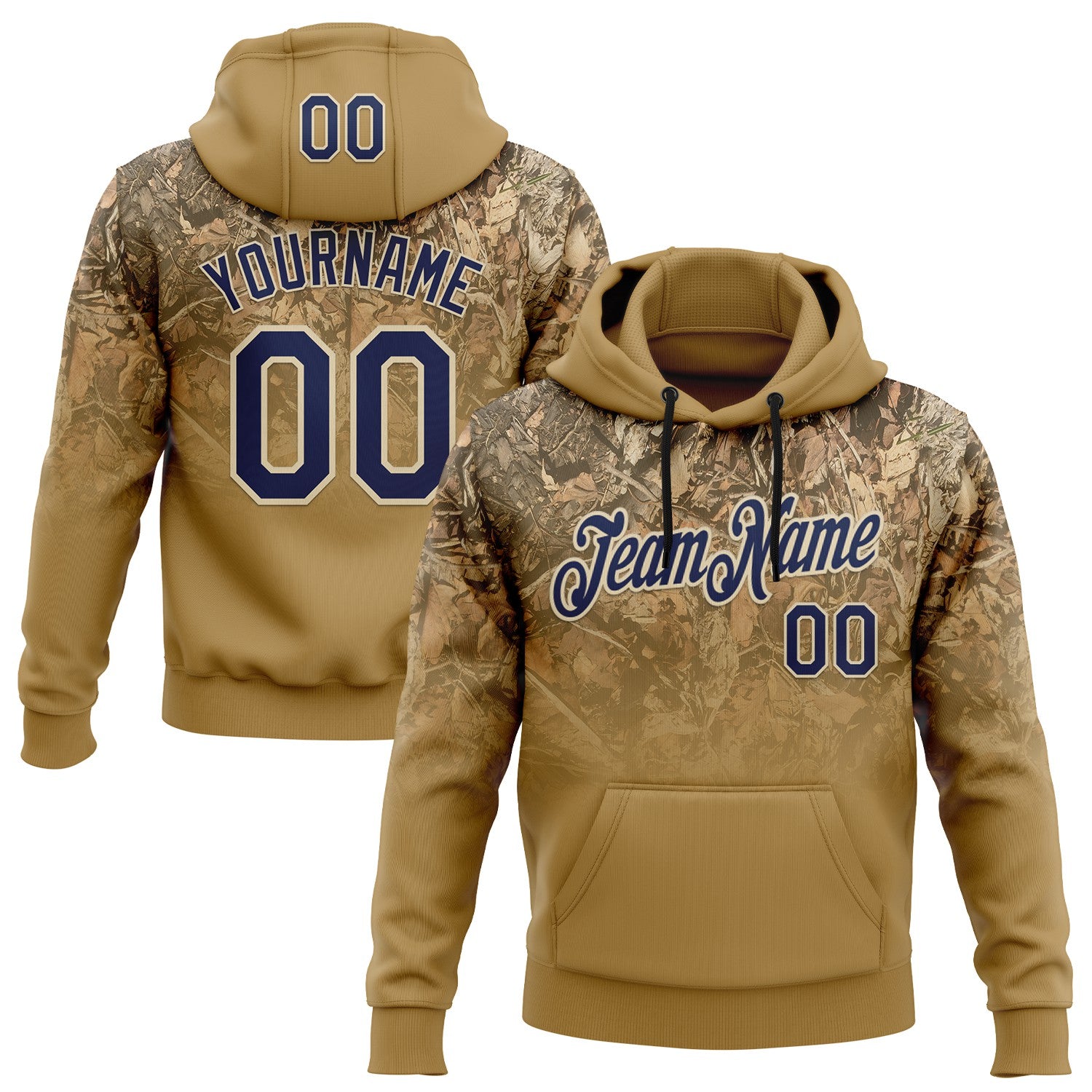 Custom Stitched Old Gold Navy-Cream 3D Pattern Design Tree Camo Gradient Hunting Sports Pullover Sweatshirt Hoodie