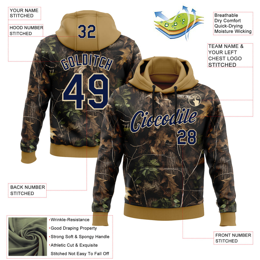Custom Stitched Black Navy Old Gold-Cream 3D Pattern Design Tree Camo Hunting Sports Pullover Sweatshirt Hoodie