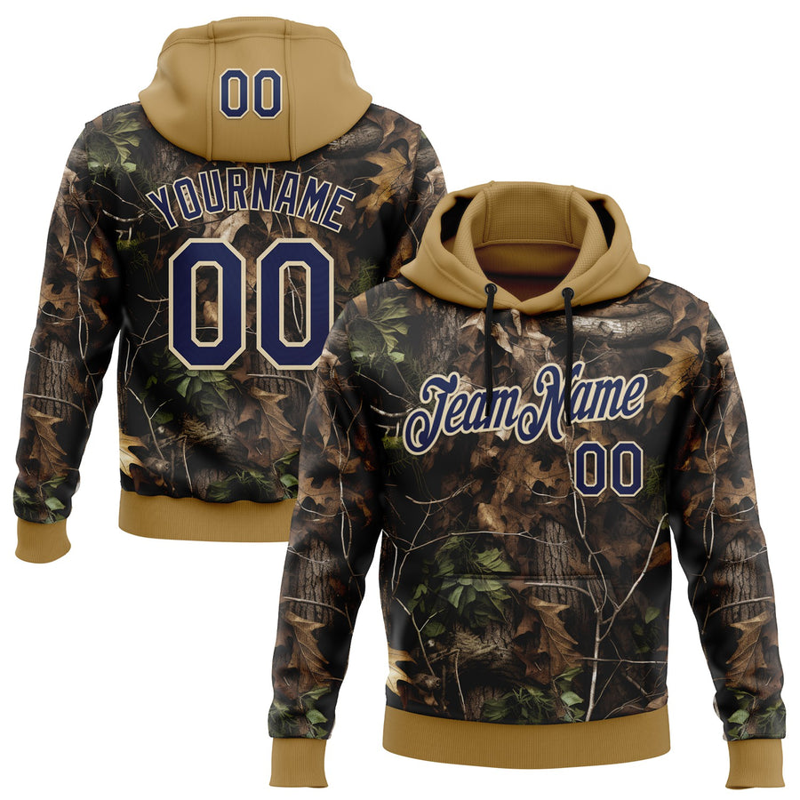 Custom Stitched Black Navy Old Gold-Cream 3D Pattern Design Tree Camo Hunting Sports Pullover Sweatshirt Hoodie