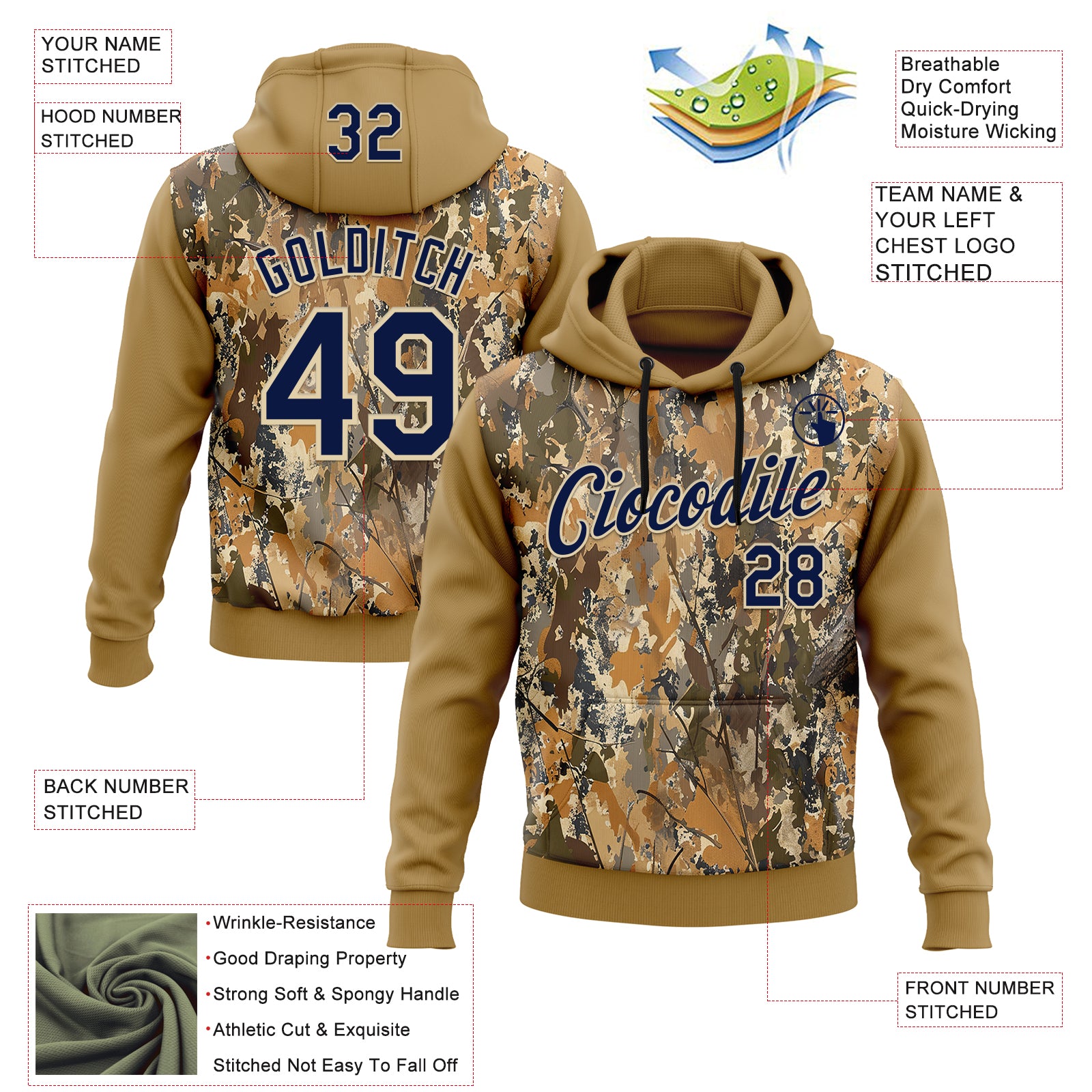 Custom Stitched Old Gold Navy-Cream 3D Pattern Design Tree Camo Hunting Sports Pullover Sweatshirt Hoodie