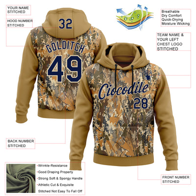 Custom Stitched Old Gold Navy-Cream 3D Pattern Design Tree Camo Hunting Sports Pullover Sweatshirt Hoodie