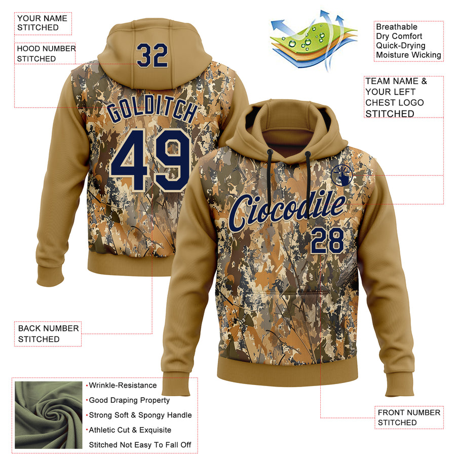 Custom Stitched Old Gold Navy-Cream 3D Pattern Design Tree Camo Hunting Sports Pullover Sweatshirt Hoodie