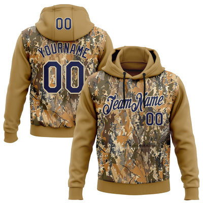 Custom Stitched Old Gold Navy-Cream 3D Pattern Design Tree Camo Hunting Sports Pullover Sweatshirt Hoodie