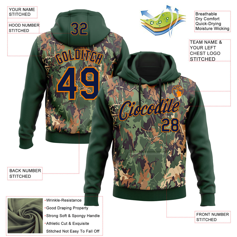Custom Stitched Green Navy-Bay Orange 3D Pattern Design Tree Camo Hunting Sports Pullover Sweatshirt Hoodie