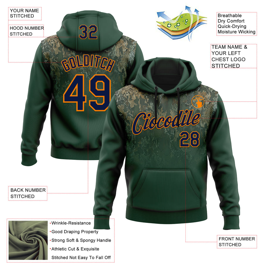 Custom Stitched Green Navy-Bay Orange 3D Pattern Design Tree Camo Gradient Hunting Sports Pullover Sweatshirt Hoodie