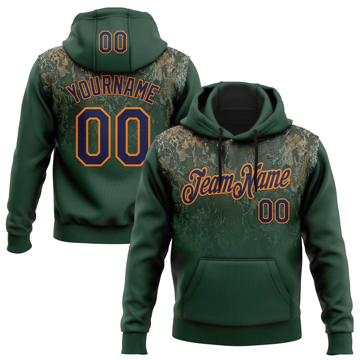 Custom Stitched Green Navy-Bay Orange 3D Pattern Design Tree Camo Gradient Hunting Sports Pullover Sweatshirt Hoodie