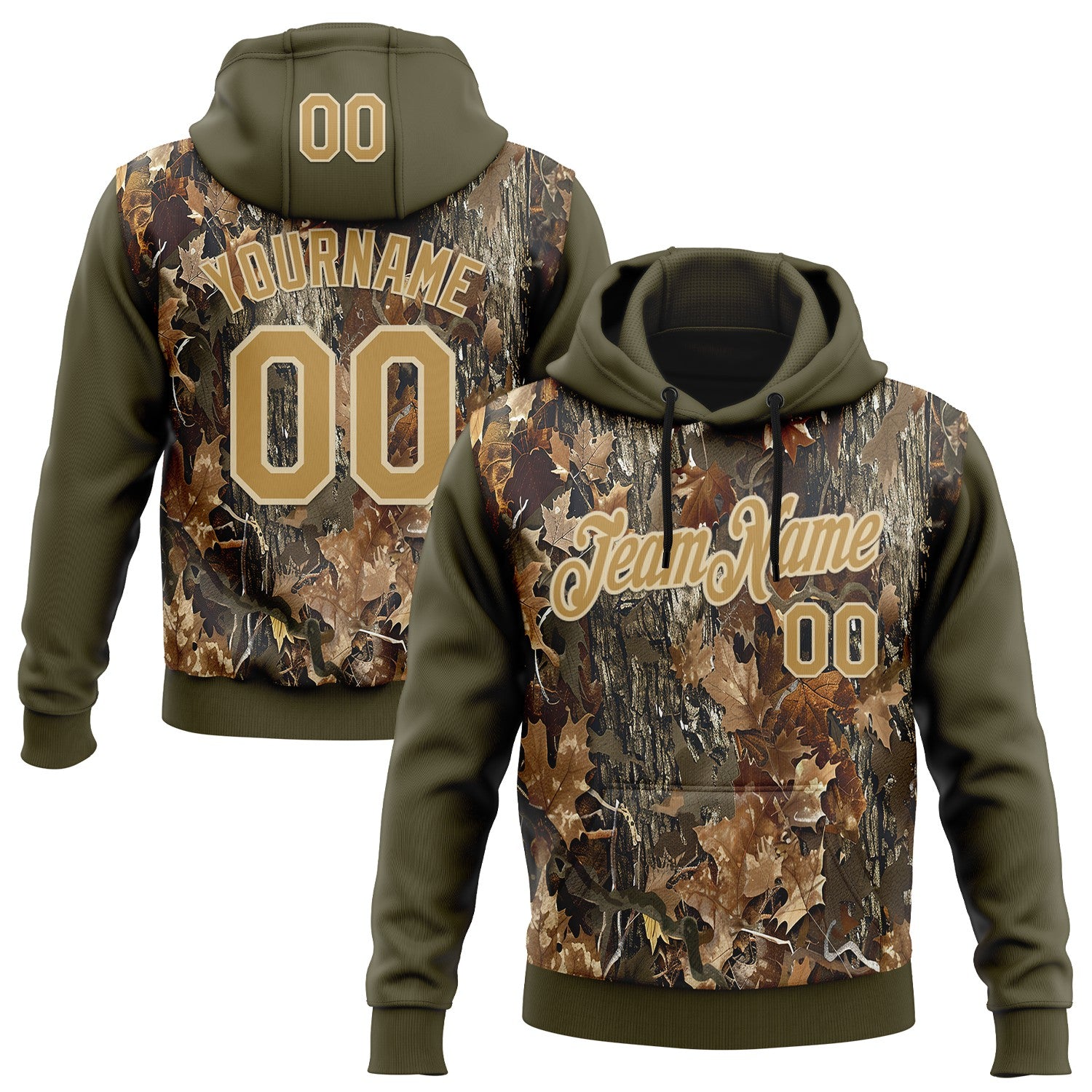 Custom Stitched Olive Old Gold-Cream 3D Pattern Design Tree Camo Hunting Sports Pullover Sweatshirt Salute To Service Hoodie