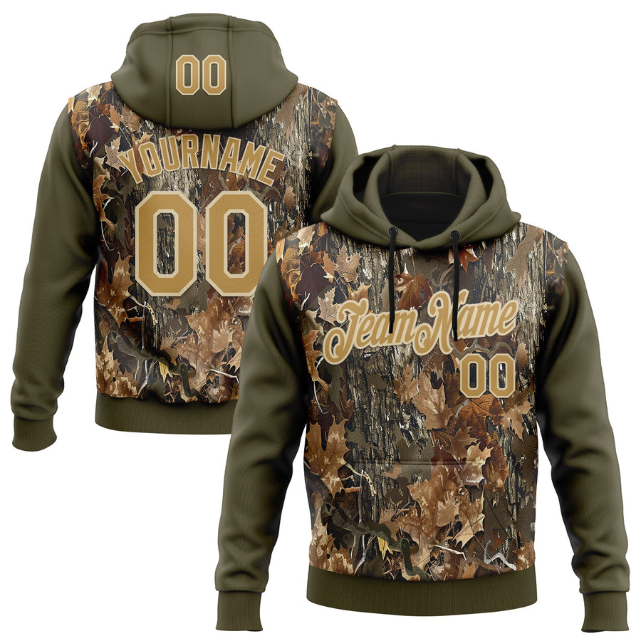 Custom Stitched Olive Old Gold-Cream 3D Pattern Design Tree Camo Hunting Sports Pullover Sweatshirt Salute To Service Hoodie