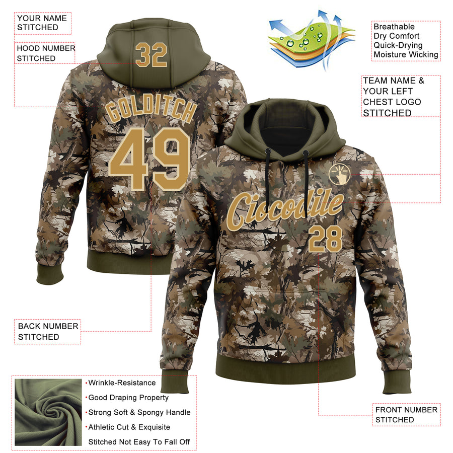 Custom Stitched Olive Old Gold-Cream 3D Pattern Design Tree Camo Hunting Sports Pullover Sweatshirt Salute To Service Hoodie