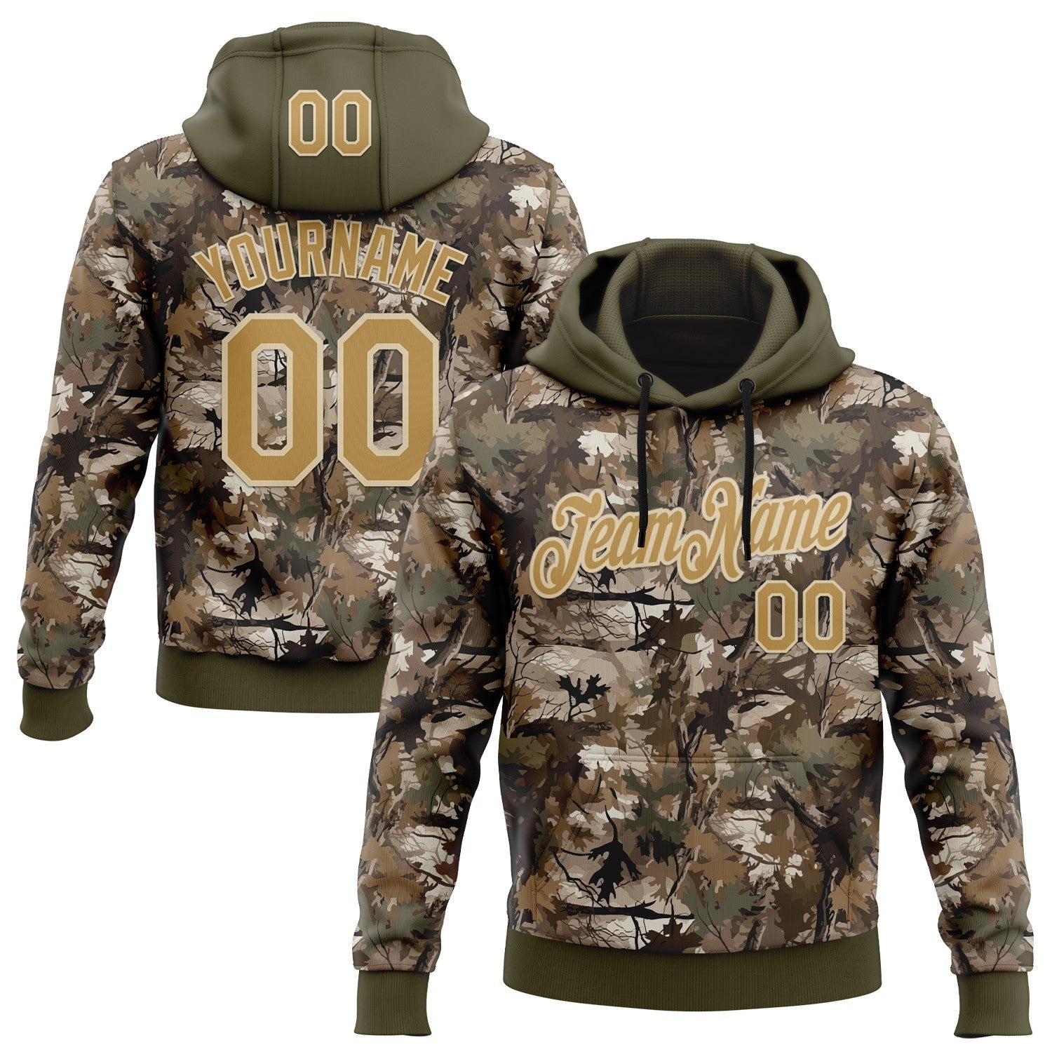 Custom Stitched Olive Old Gold-Cream 3D Pattern Design Tree Camo Hunting Sports Pullover Sweatshirt Salute To Service Hoodie