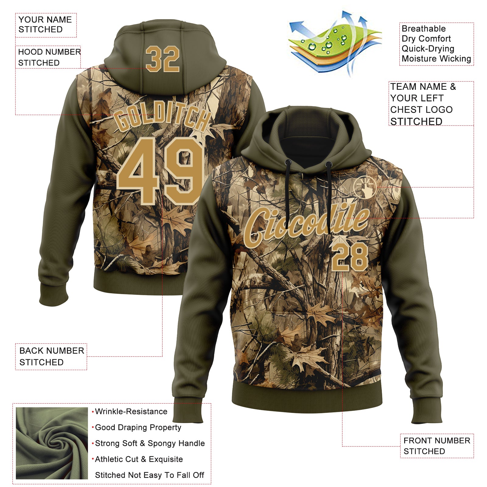 Custom Stitched Olive Old Gold-Cream 3D Pattern Design Tree Camo Hunting Sports Pullover Sweatshirt Salute To Service Hoodie