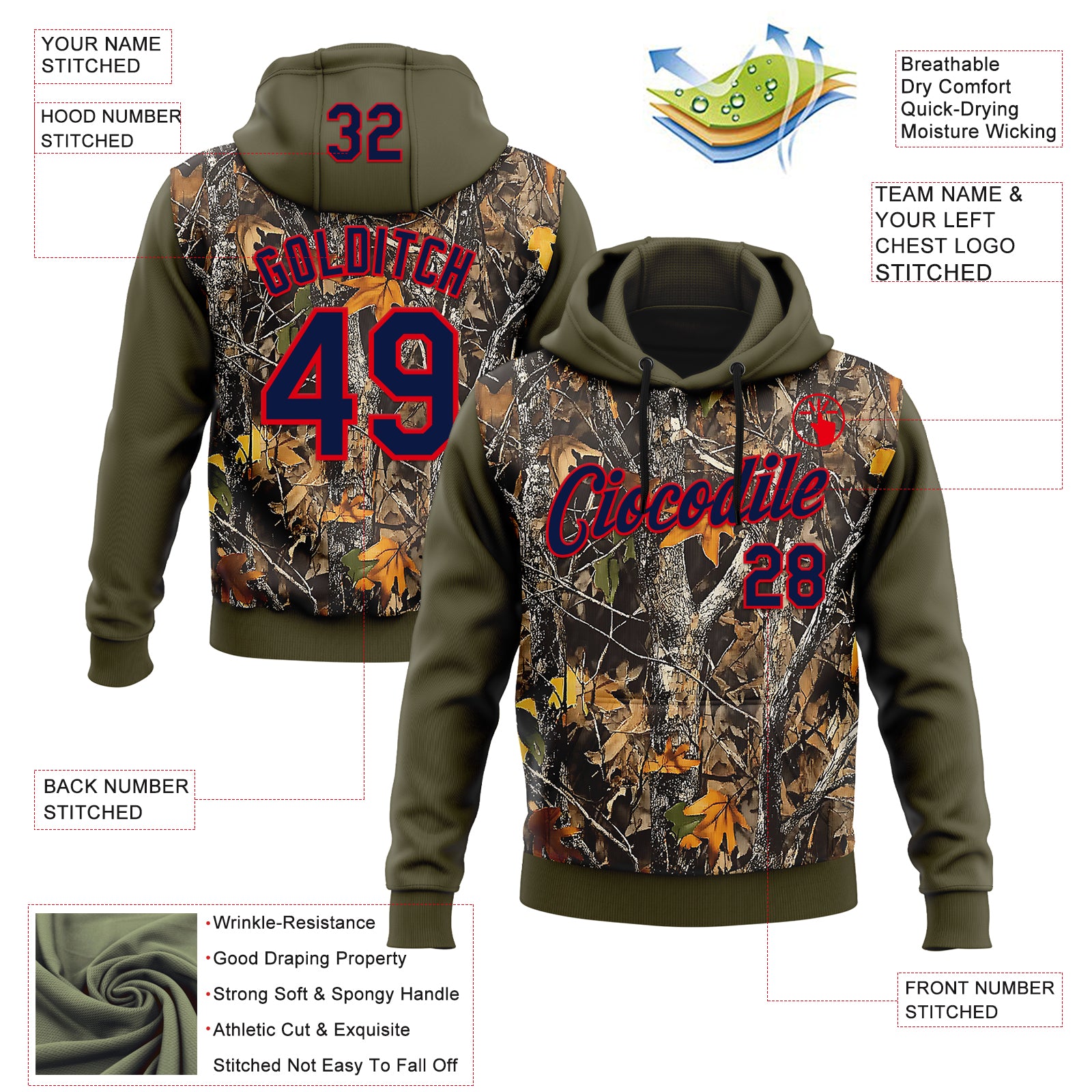 Custom Stitched Olive Navy-Fire Red 3D Pattern Design Tree Camo Hunting Sports Pullover Sweatshirt Salute To Service Hoodie