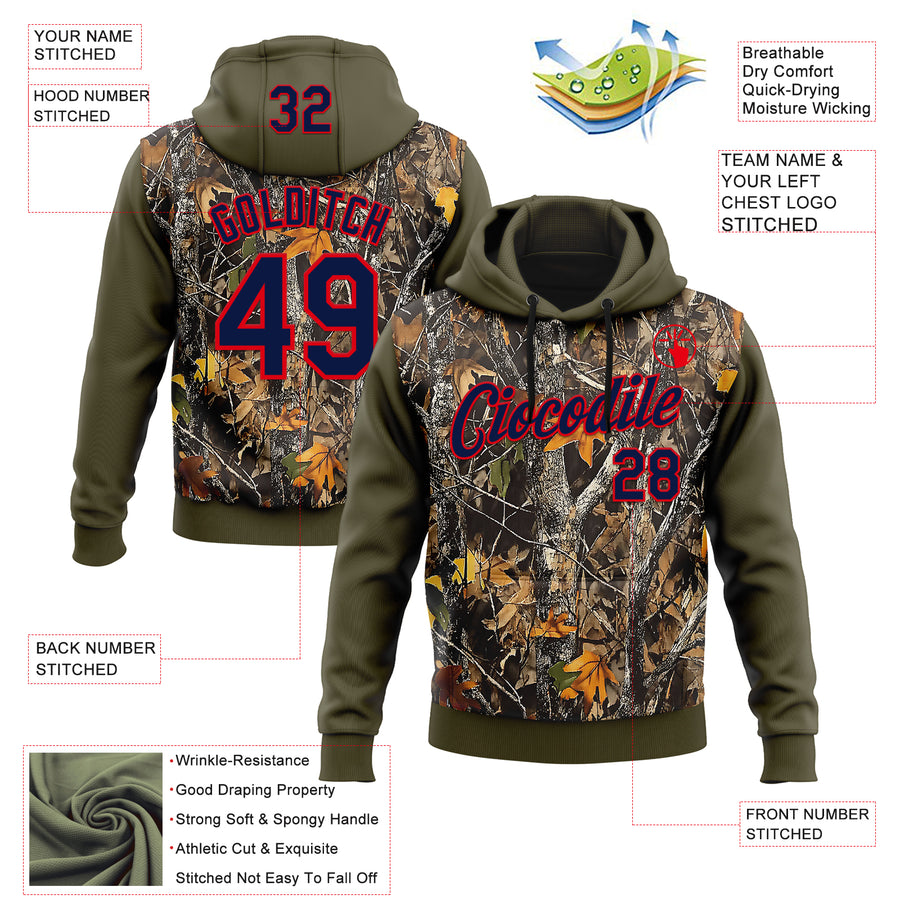 Custom Stitched Olive Navy-Fire Red 3D Pattern Design Tree Camo Hunting Sports Pullover Sweatshirt Salute To Service Hoodie