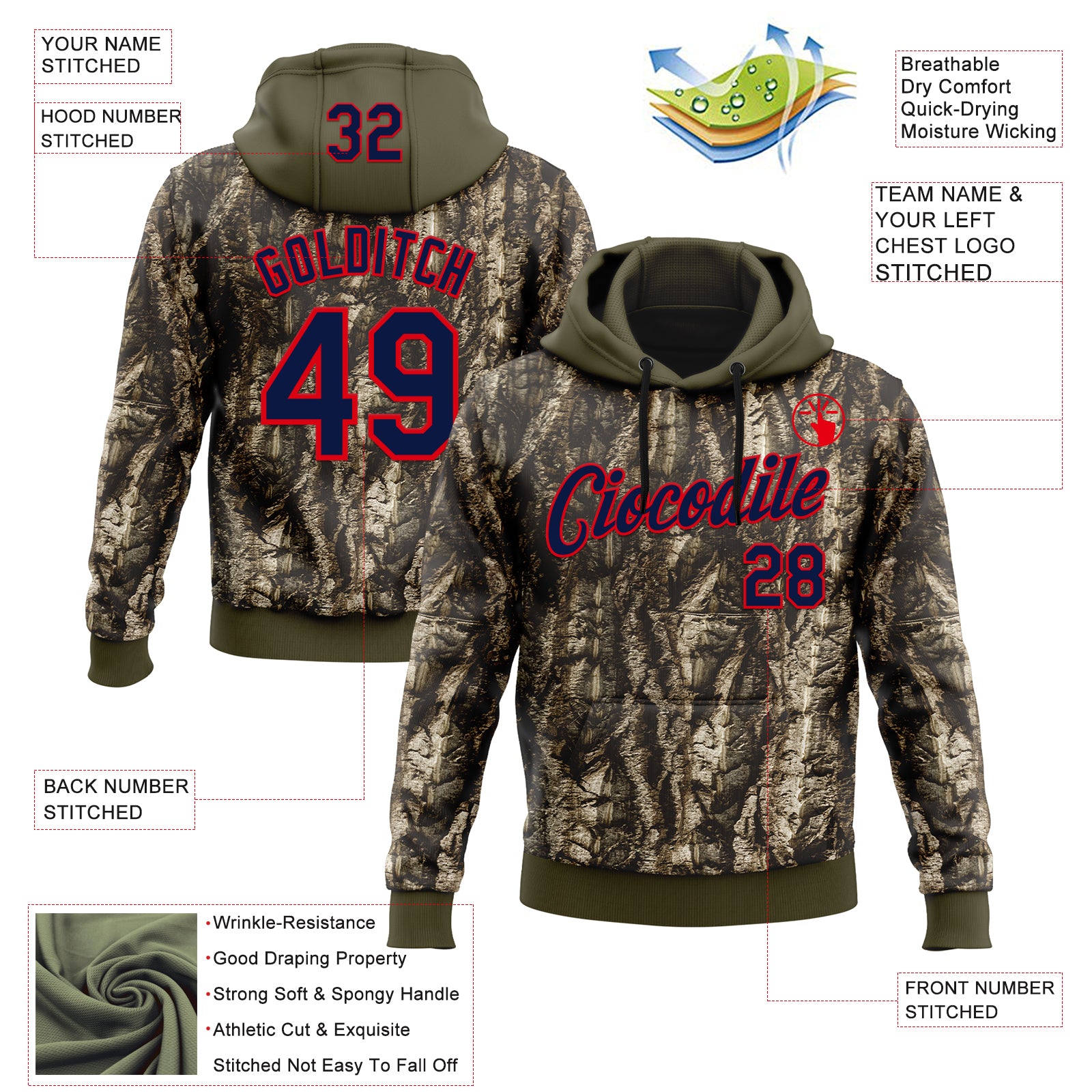 Custom Stitched Olive Navy-Fire Red 3D Pattern Design Tree Camo Hunting Sports Pullover Sweatshirt Salute To Service Hoodie