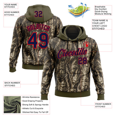 Custom Stitched Olive Navy-Fire Red 3D Pattern Design Tree Camo Hunting Sports Pullover Sweatshirt Salute To Service Hoodie