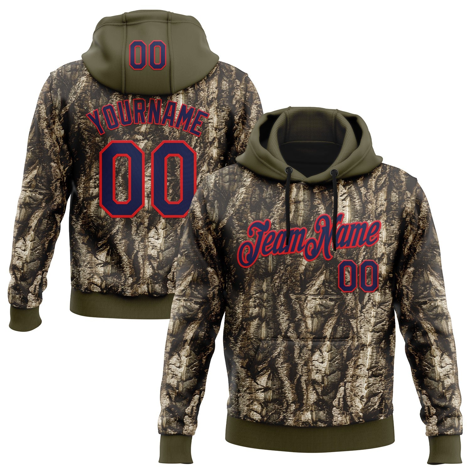 Custom Stitched Olive Navy-Fire Red 3D Pattern Design Tree Camo Hunting Sports Pullover Sweatshirt Salute To Service Hoodie