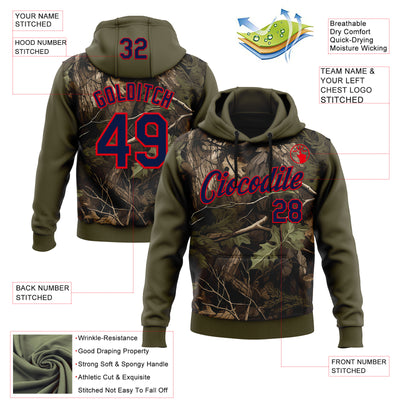 Custom Stitched Olive Navy-Fire Red 3D Pattern Design Tree Camo Hunting Sports Pullover Sweatshirt Salute To Service Hoodie