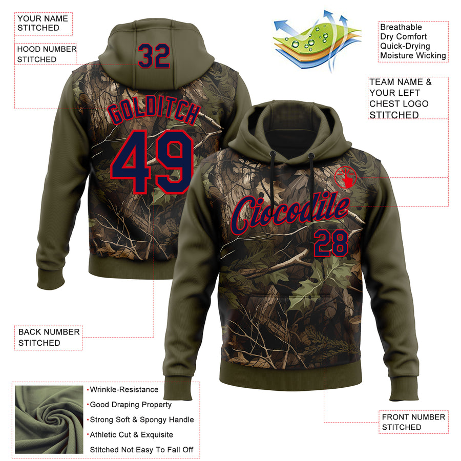 Custom Stitched Olive Navy-Fire Red 3D Pattern Design Tree Camo Hunting Sports Pullover Sweatshirt Salute To Service Hoodie