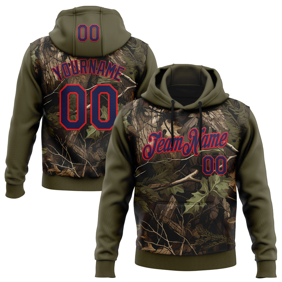 Custom Stitched Olive Navy-Fire Red 3D Pattern Design Tree Camo Hunting Sports Pullover Sweatshirt Salute To Service Hoodie