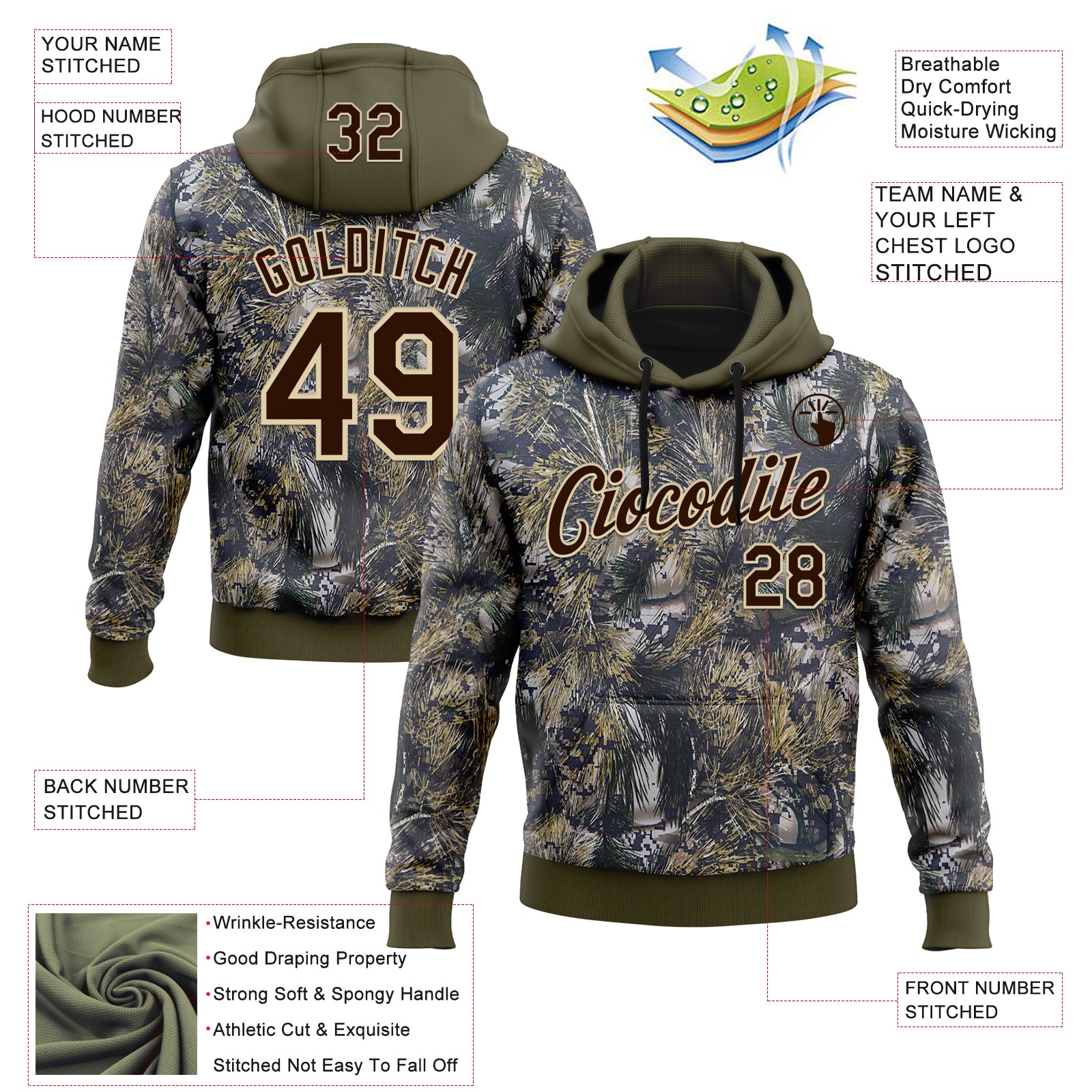 Custom Stitched Olive Brown-Cream 3D Pattern Design Tree Camo Hunting Sports Pullover Sweatshirt Salute To Service Hoodie