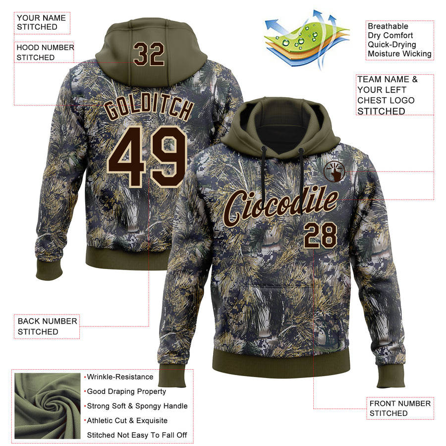 Custom Stitched Olive Brown-Cream 3D Pattern Design Tree Camo Hunting Sports Pullover Sweatshirt Salute To Service Hoodie