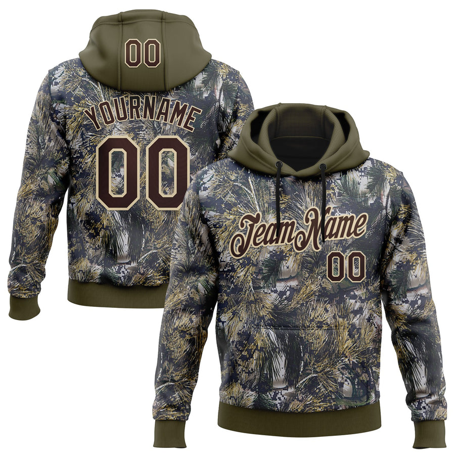 Custom Stitched Olive Brown-Cream 3D Pattern Design Tree Camo Hunting Sports Pullover Sweatshirt Salute To Service Hoodie
