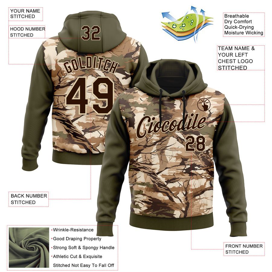 Custom Stitched Olive Brown-Cream 3D Pattern Design Tree Camo Hunting Sports Pullover Sweatshirt Salute To Service Hoodie