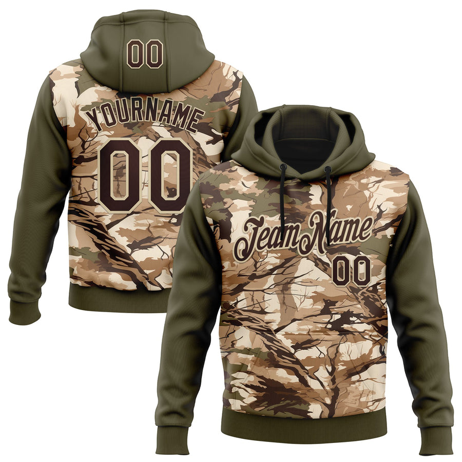 Custom Stitched Olive Brown-Cream 3D Pattern Design Tree Camo Hunting Sports Pullover Sweatshirt Salute To Service Hoodie