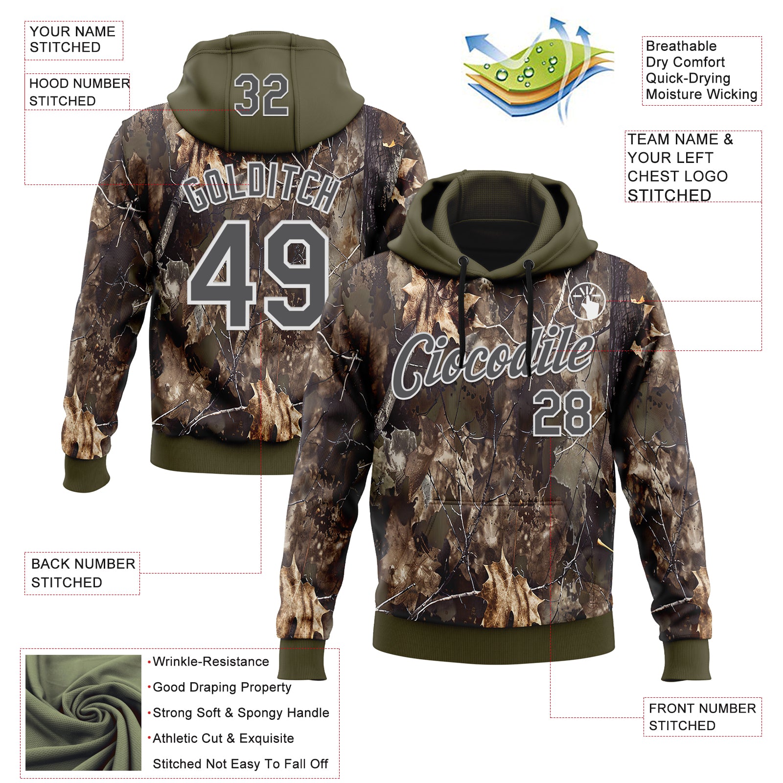 Custom Stitched Olive Steel Gray-White 3D Pattern Design Tree Camo Hunting Sports Pullover Sweatshirt Salute To Service Hoodie