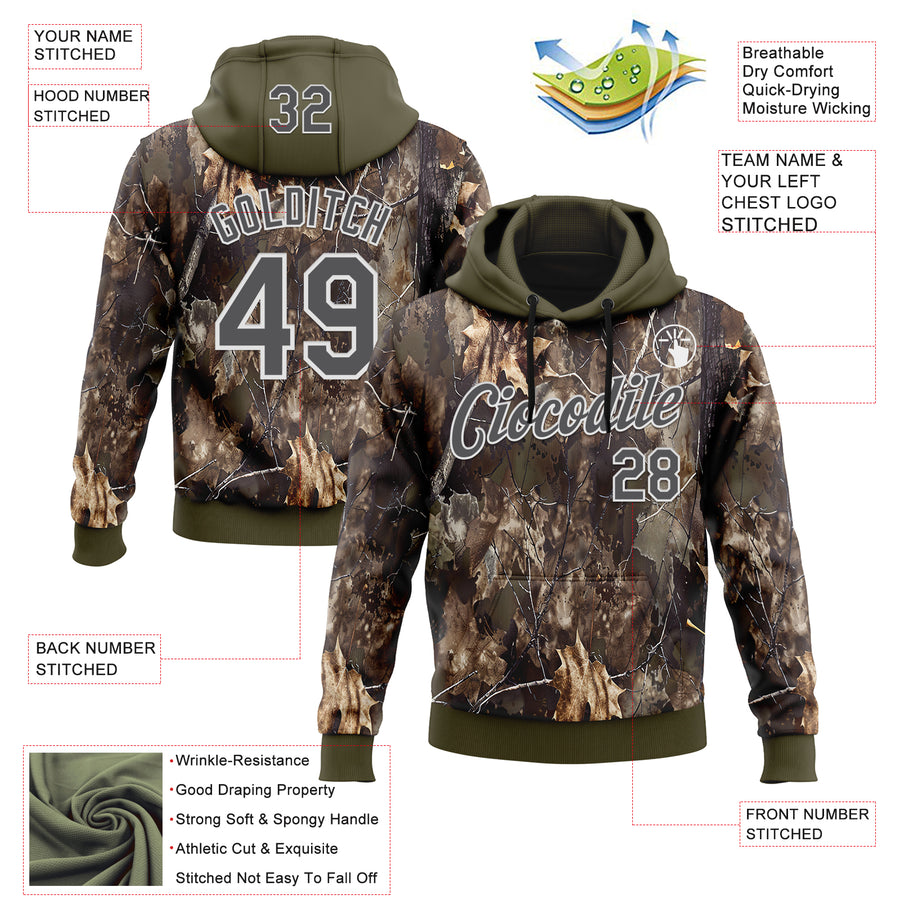 Custom Stitched Olive Steel Gray-White 3D Pattern Design Tree Camo Hunting Sports Pullover Sweatshirt Salute To Service Hoodie
