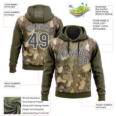 Custom Stitched Olive Steel Gray-White 3D Pattern Design Tree Camo Hunting Sports Pullover Sweatshirt Salute To Service Hoodie