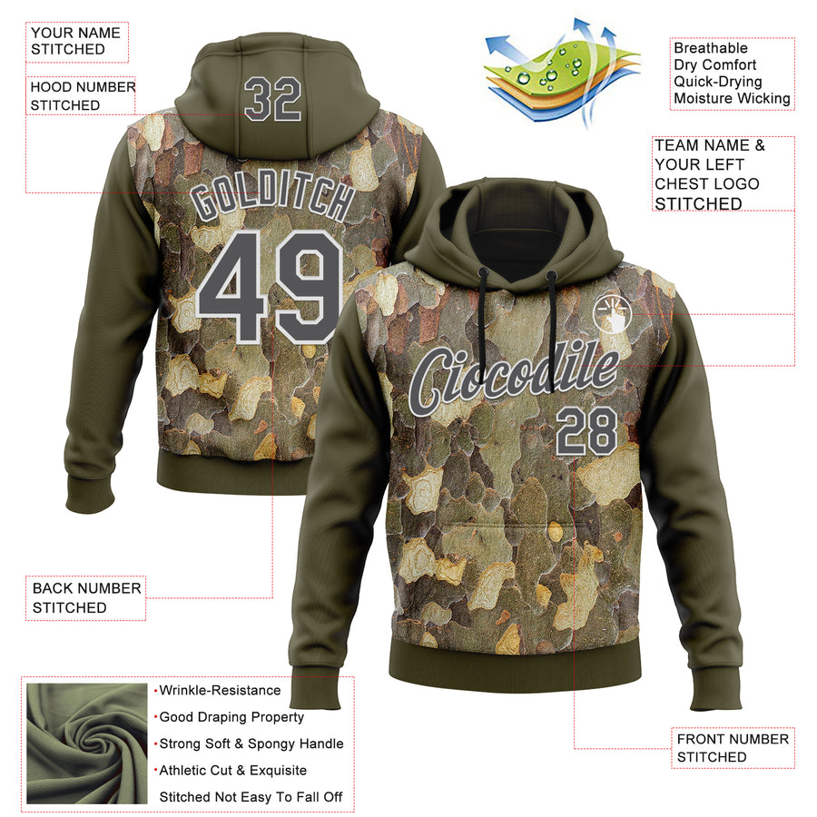 Custom Stitched Olive Steel Gray-White 3D Pattern Design Tree Camo Hunting Sports Pullover Sweatshirt Salute To Service Hoodie