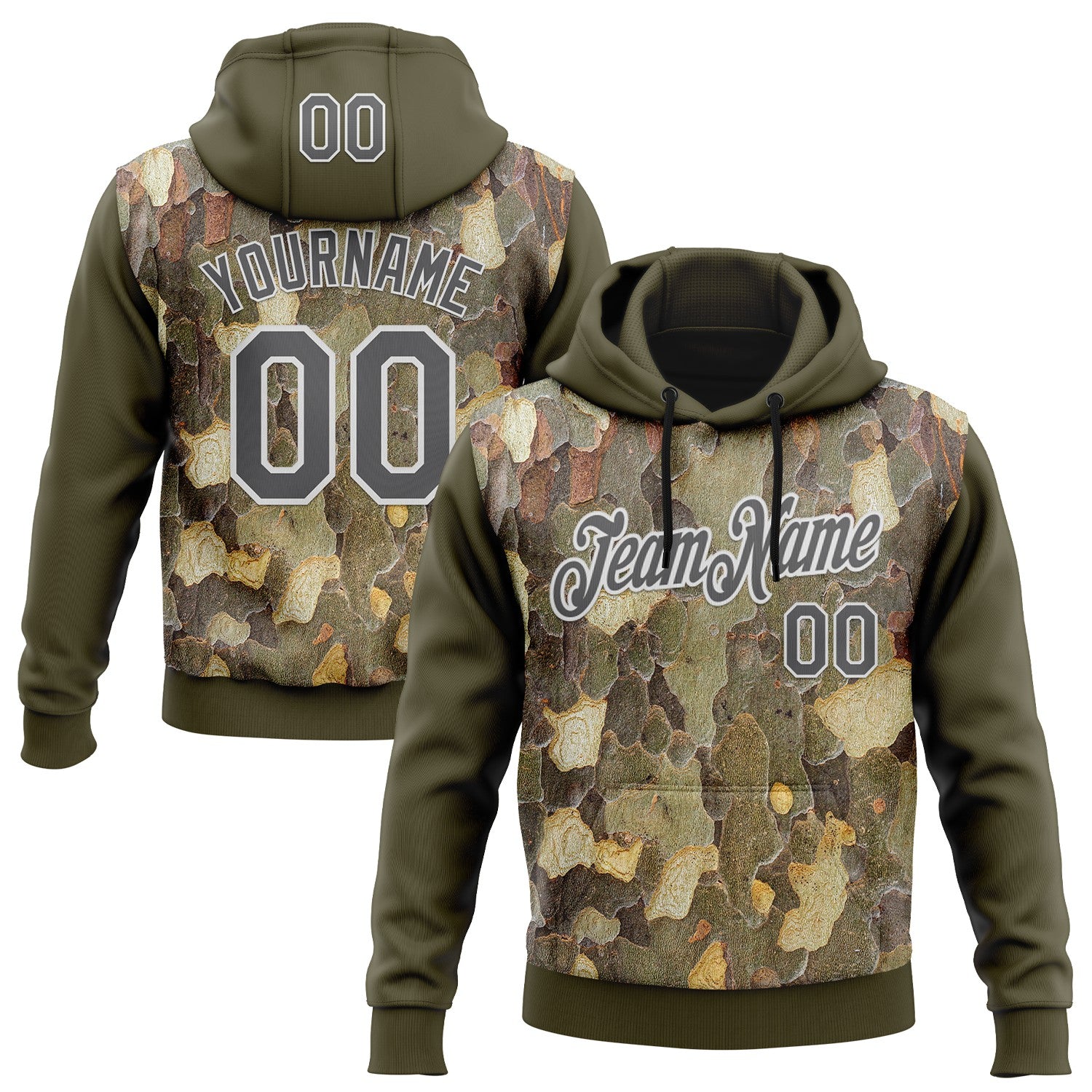 Custom Stitched Olive Steel Gray-White 3D Pattern Design Tree Camo Hunting Sports Pullover Sweatshirt Salute To Service Hoodie