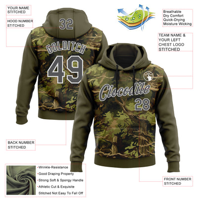 Custom Stitched Olive Steel Gray-White 3D Pattern Design Tree Camo Hunting Sports Pullover Sweatshirt Salute To Service Hoodie