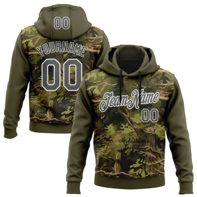 Custom Stitched Olive Steel Gray-White 3D Pattern Design Tree Camo Hunting Sports Pullover Sweatshirt Salute To Service Hoodie