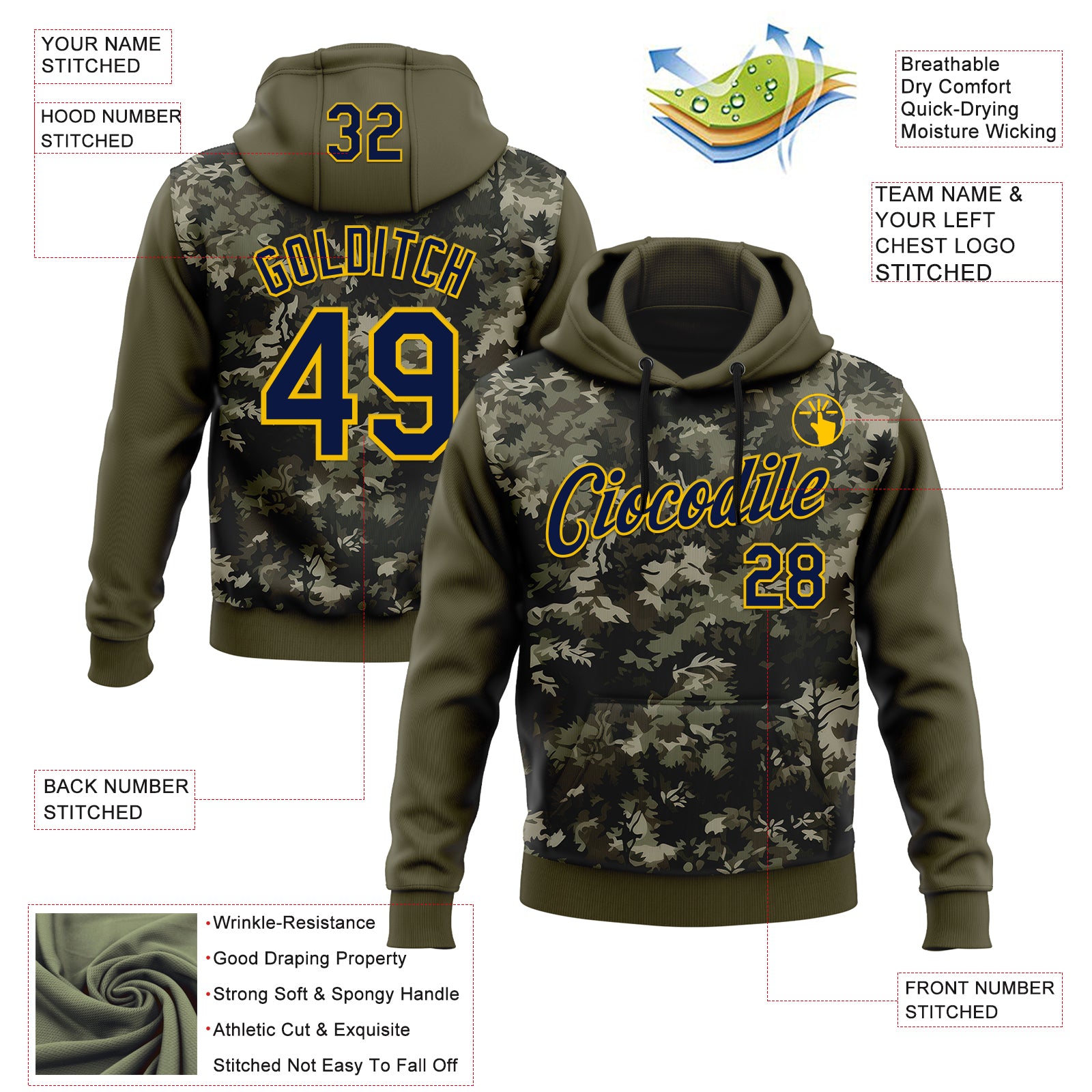 Custom Stitched Olive Navy-Yellow 3D Pattern Design Tree Camo Hunting Sports Pullover Sweatshirt Salute To Service Hoodie